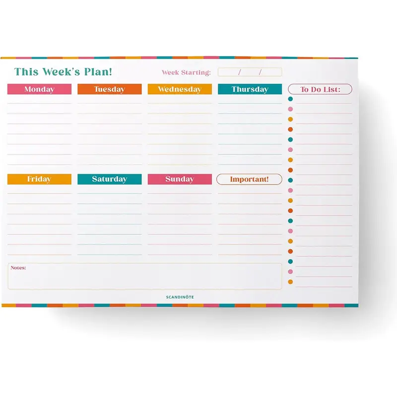 SCANDINÖTE Weekly Planner Pad. A4 Desk Pad. 52 Journal Sheets with Notes,  Important & To Do List. Family, work, home, study, revision. 100gsm  recycled paper. UK Made. 4