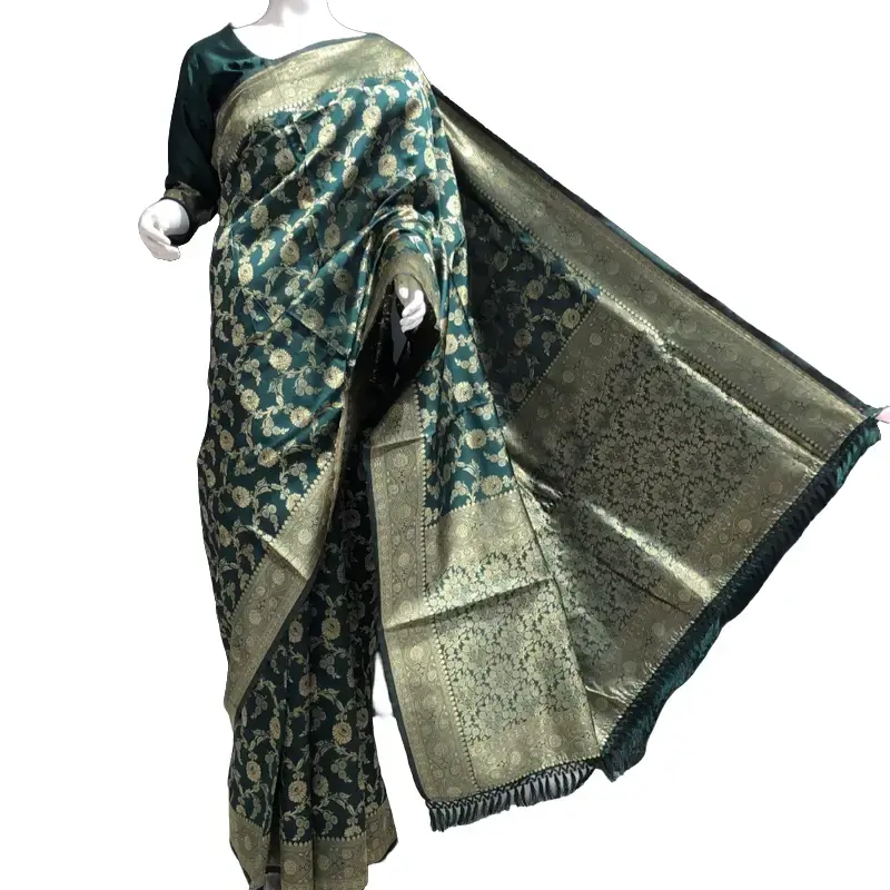 D:1 Traditional Look bottle Green Katan Saree with Blouse for Women - Clothes, Asian, Womenswear, Comfort.