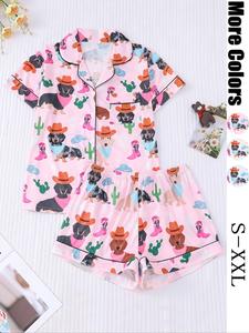 Women's All Over Dog Print Pajama Two-piece Set, Casual Comfy Short Sleeve Shirt & Elastic Waist Shorts PJ Set, Ladies Sleepwear for All Seasons, Pajamas Lounge Set