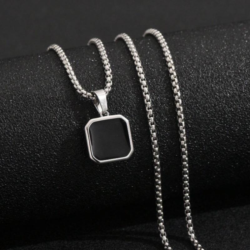 1pc Simple Punk Black Painted Pendant Necklace with Stainless Steel Chain, Daily and Business Accessories for Men, Ideal Gift 2