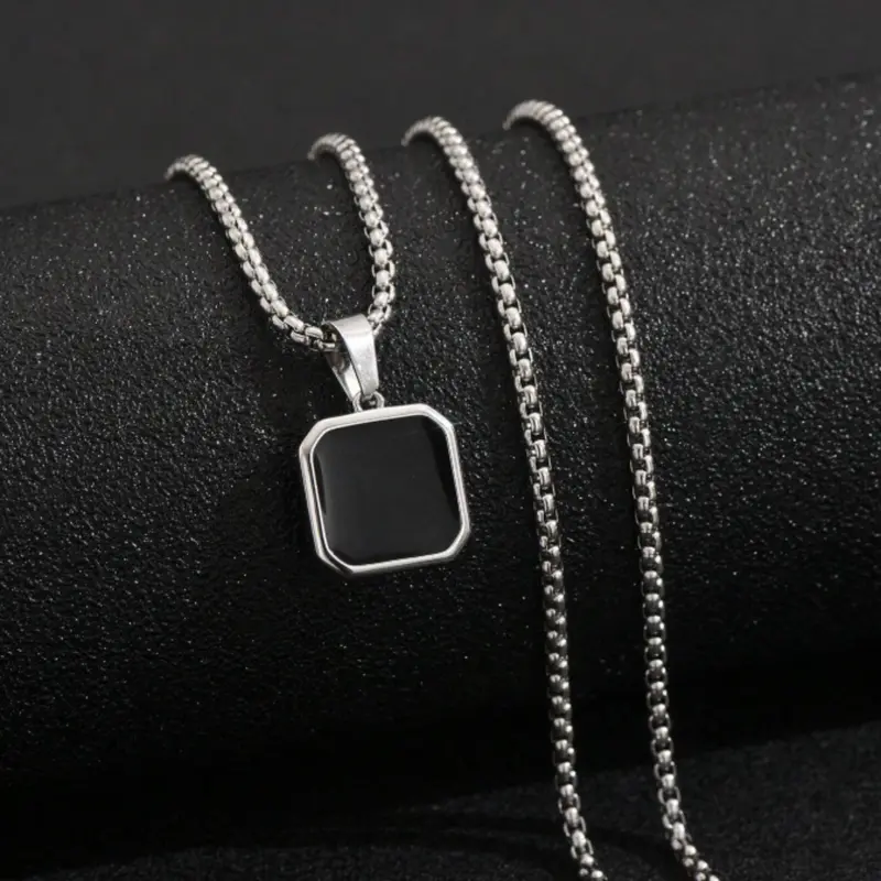 1pc Simple Punk Black Painted Pendant Necklace with Stainless Steel Chain, Daily and Business Accessories for Men, Ideal Gift 2