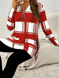 【Plus Size】 All Over Print Half Zip Up Tee, Casual Long Sleeve Round Neck T-shirt for Spring & Fall, Women's Plus Clothing for Daily Wear