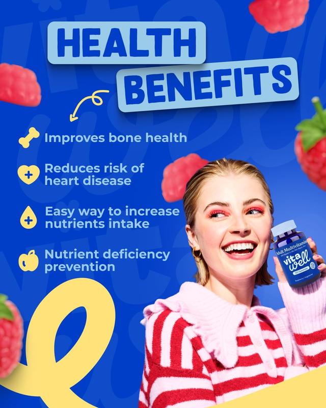 Adult Multivitamin Gummies - 120 Raspberry Flavour Gummies (2 Month Supply) | Complex Vitamin D Formula | Chewable Multivitamins for Men & Women | Immune Support | 10 Essential Adult Vitamin 2