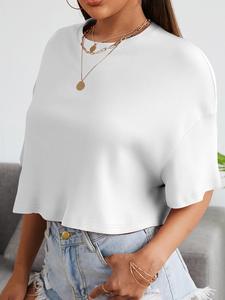 Women's Plain Striped Trim Curved Hem Crop Tee, Casual Short Sleeve Round Neck T-shirt for Summer, Ladies Clothes for Daily Wear
