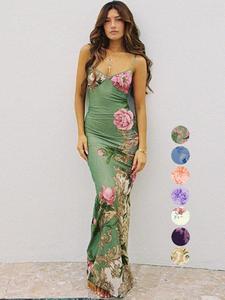 2025 Trendy, Women's Floral Print Mermaid Bodycon Cami Maxi Dress, Summer Elegance Clothes Women, Breathable Womenswear for Beach Holiday
