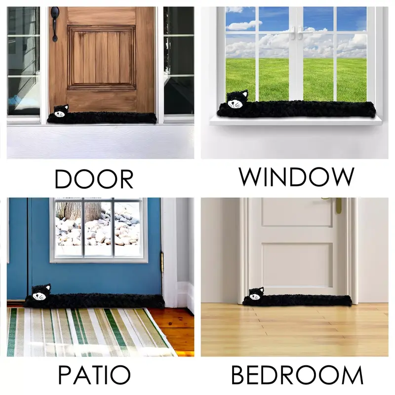 Draught Excluder Novelty Draft Door Stopper Fabric Fleece Black Cat Toy Design 1