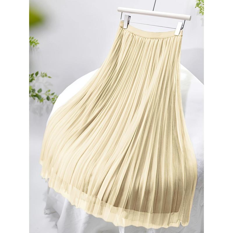 Polly Pocket Skirt Women'S Chic A-Line Pleated Skirt, 100% Polyester Knit Fabric, Solid Color, Elastic Waist, All-Season, Breathable Mesh Lining, 24g/m² - Elegant Midi Skirt 4