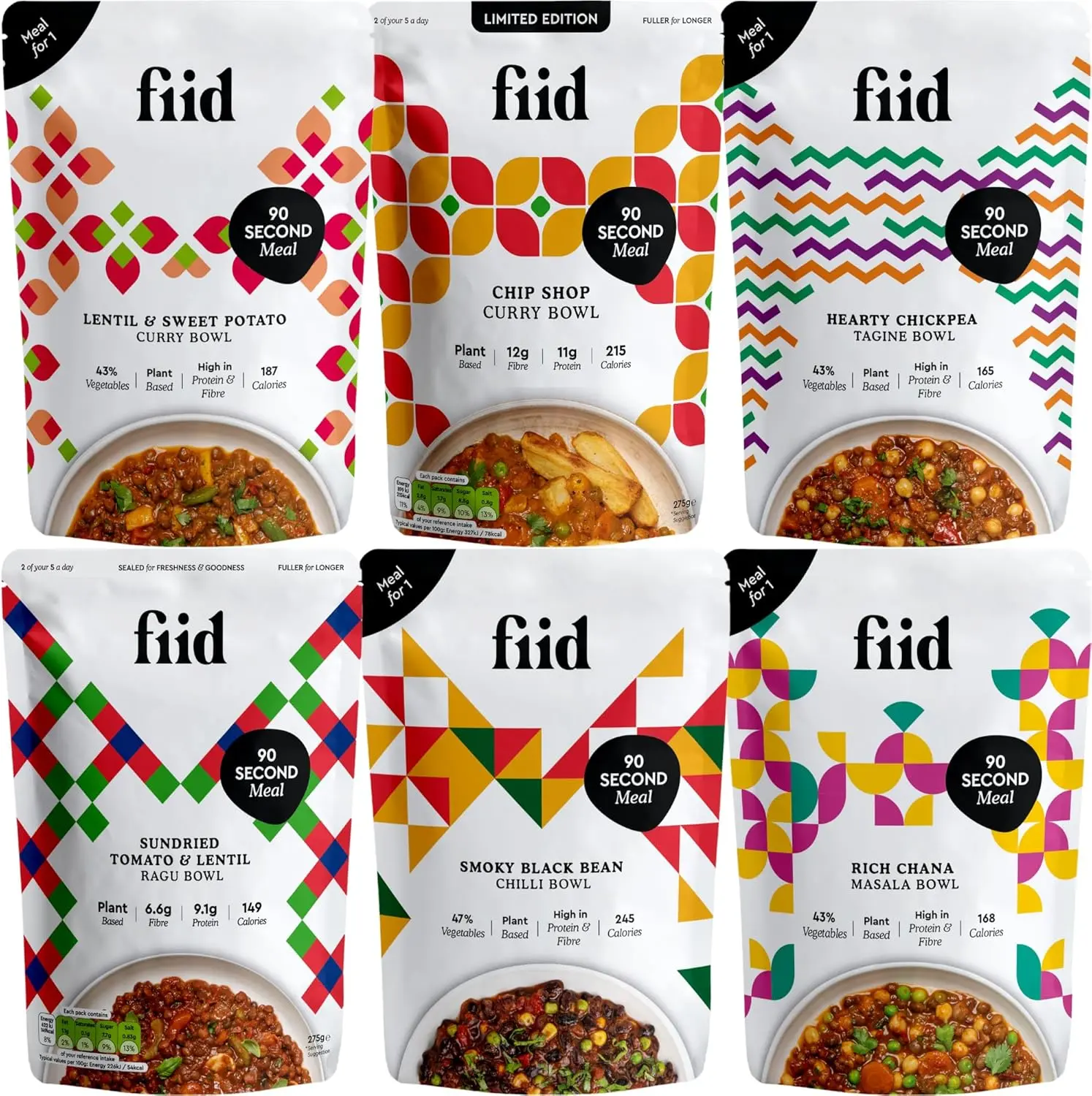 Fiid 100% Natural Vegan Ready Meals Multipack – 6 Flavours High in Protein, Fibre & Low Sugar