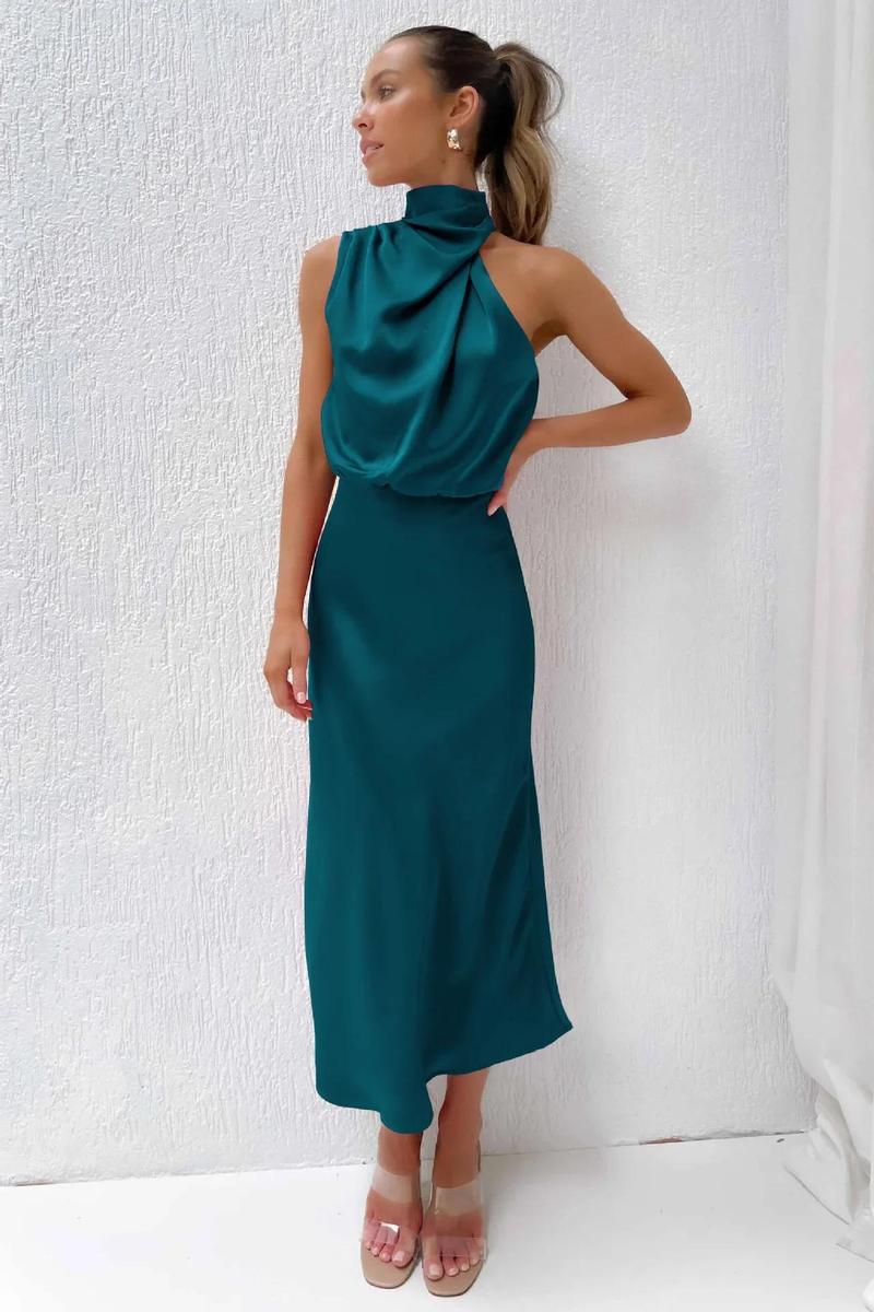 Product Introduction of 2025 Spring/Summer Long Dress for Women High Waist Halter Satin Sleeveless Dress Fashion Elegant Solid Evening Party Dresses 22