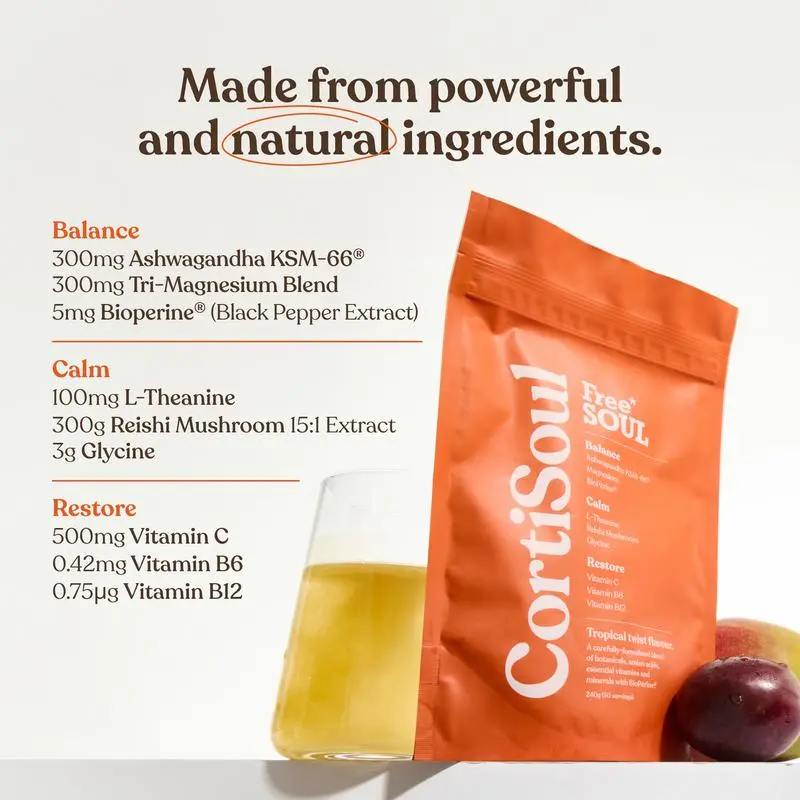 Free Soul - CortiSoul by Free Soul – Nutrient-Rich Superfoods, Adaptogens & Vitamins with KSM-66 Ashwagandha, Magnesium & Reishi Mushrooms | Gluten Free & Vegan | 30 Servings | Tropical Twist Flavour 4