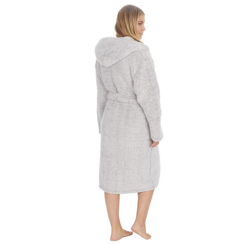 Ladies Plain Borg Fleece Warm Winter Hooded Dressing Gown ~ S-XL 1