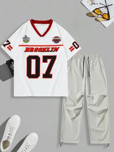 Men's Letter & Figure Print Short Sleeve Tee & Pants Set, Loose Casual V Neck T-shirt & Trousers, Men's Summer Clothes