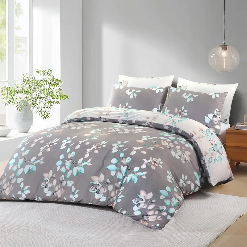 Reversible Printed duvet cover with 2 pillowcases 100% Soft Microfibre Floral design bedding sets in Single, Double, King bedding  duvet  sets 4