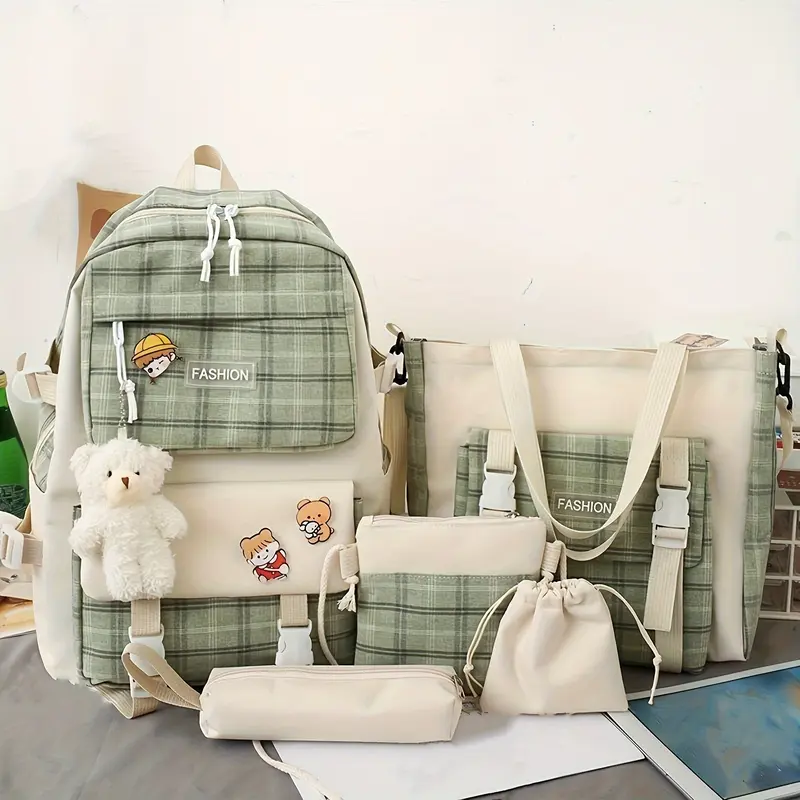 5pcs New Fashionable Plaid Cloth Contrast Color Large Capacity Campus Backpack Five-piece Set with Bear Pendant 0