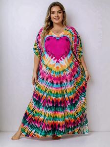 【Plus Size】 Women's All Over Print Batwing Sleeve V Neck Dress, Muumuu Dress, Boho Casual Half Sleeve Long Dress for Daily Holiday Vacation Wear, Summer Maxi Clothing, Birthday Clothes for Women Black Girl Outfits Utah Girl Fits, Womenswear