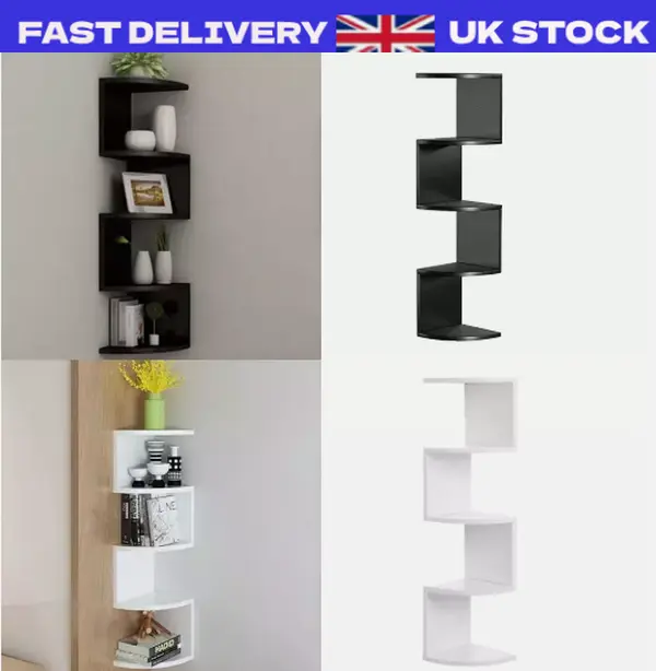 5 Tier Floating Corner Shelves Wooden Storage Display Shelf Units Wall Mount UK