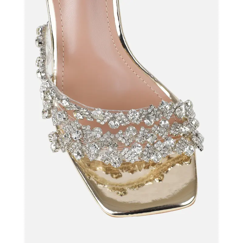 SIMMI Blushing Gold Mirror Diamante Mid Heel Mules Women's Holiday Summer Shoes 3