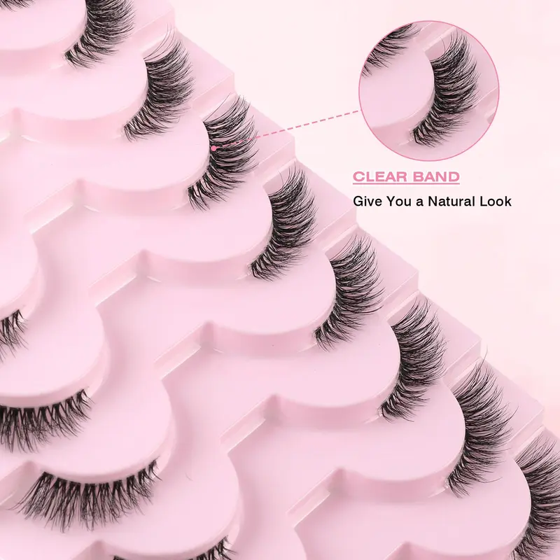 False Eyelashes with Clear Band Half Lashes Natural Look 10 Pairs Cat Eye Wispy Corner Lashes Reusable 3/4 Transparent Fake Lashes 3