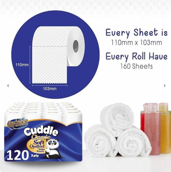 Bulk Buy 120 Non-Scented Toilet Roll Cuddle Tissue Paper Quilted Panda 3 PLY - Sheets Pack Wipes Cleaning 1