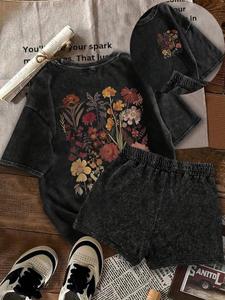 Two-Piece Set Women's Floral Print Tee & Shorts, Casual Round Neck Short Sleeve T-Shirt & Skinny Shorts, Ladies Clothes for Daily Wear, Suits