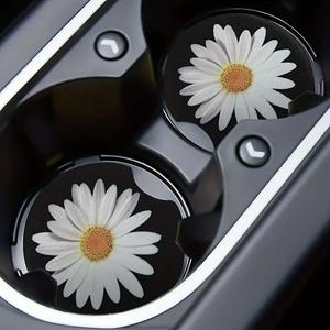 Daisy Pattern Car Coasters, 1 Pair Waterproof Non-slip Car Cup Mat, Car Interior Decoration Accessories, Car Interior Accessory, Car Ornament