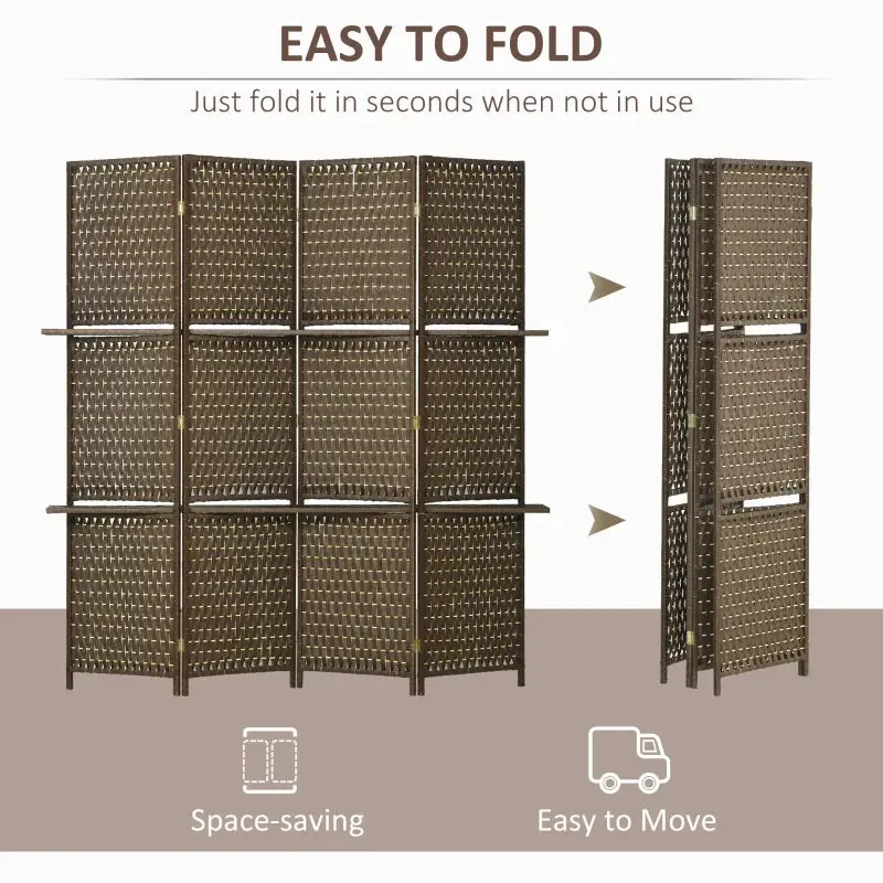 4-Panel Room Divider with Shelves, Wave Fibre Freestanding Folding Privacy Screen Panels 2