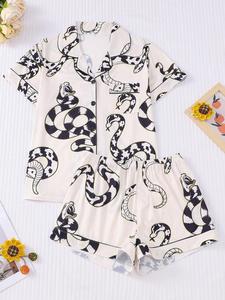 Women's Snake Print Shirt & Elastic Waist Shorts Pajama Two-piece Set, Casual Comfy Short Sleeve Top & Shorts Pajama Set, Ladies Sleepwear for Summer