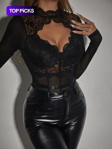 Women's Cut Out Sheer Lace Corset Bodysuit, Solid Color Long Sleeve Keyhole Neckline Bodysuit for Fall & Winter, Bodysuits for Women, Tall Clothing Women, Women's Clothes for Daily Wear Valentine's Day, Gift, Urban Corset Top