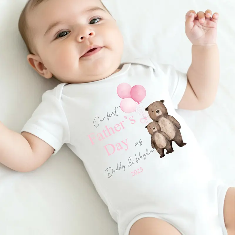 Personalised Pink Balloon Bears First Father's Day Babygrow/Vest 2