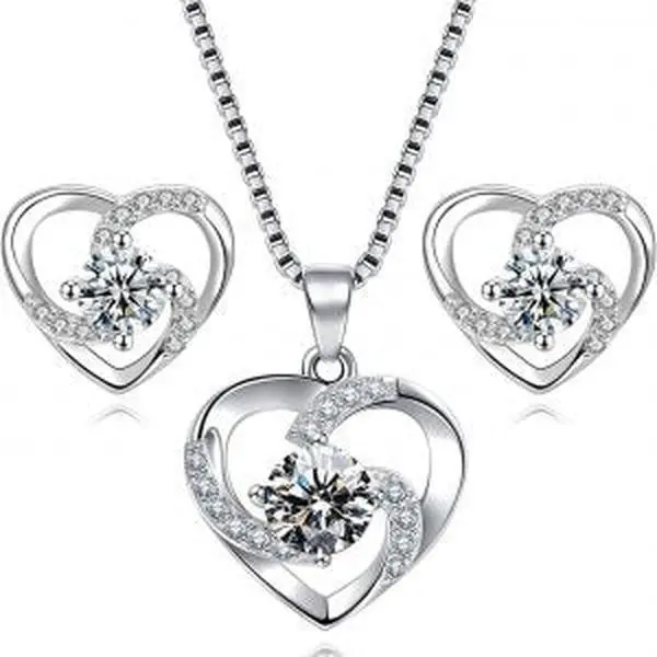 Amour – 925 Sterling Silver Women’s Heart Clear White Necklace and Earrings Set 0