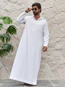 Men's Solid Pocket Zipper Hooded Muslim Kaftan, Loose Modest Casual Long Sleeve Kaftan, Men's Islamic Clothing for All Seasons Daily Wear, Thobes for Men
