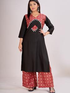 FULPARI Women's Black Kurta Set with Red Printed Palazzo Traditional Indian Outfit for Party & Festive Collection