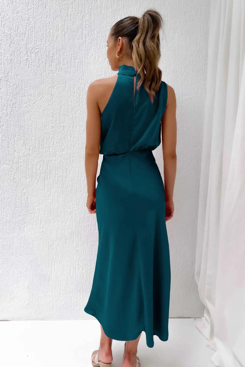 Product Introduction of 2025 Spring/Summer Long Dress for Women High Waist Halter Satin Sleeveless Dress Fashion Elegant Solid Evening Party Dresses 25