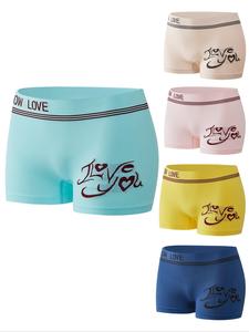 Women's 5pcs Letter & Heart Print Boyshorts, Soft Comfy Breathable Seamless Butt Lift Panty for Daily Wear, Underwear for All Seasons