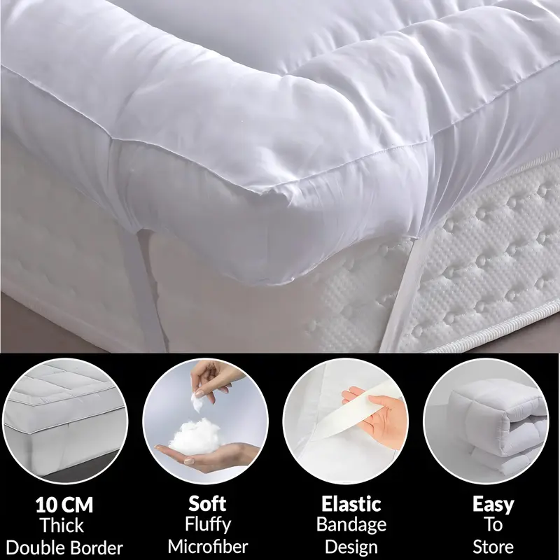 Quilted Elasticated Mattress Topper 11cm Microfiber - Thick Bounce Back Deep Breathable Mattress Topper Hypoallergenic Korean Virgin Fiber Soft Cozy Bedding for Single Double King Super King Sizes Box Stitching Machine Washable 7