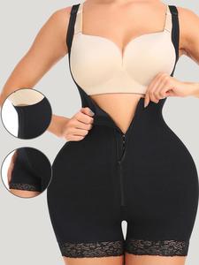 Women's Solid Contrast Lace Zipper Sleeveless Seamless Shapewear Clothing, Curvy Fit Tummy Control Faja Shapewear Romper, Sculpting Bodysuit, Thigh Slimmer Shorts, Womenswear, Shaper, Underwear, High Waisted Shaper