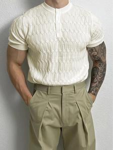 Men's Solid Cable Knit Tee, Regular Fit Casual Short Sleeve Crew Neck T-shirt for Summer, Fashion Men's Top for Daily Wear, Tropical