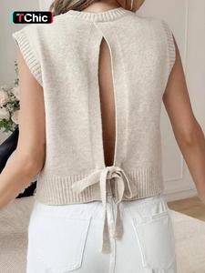 Women's Solid Color Tie Back Fitted Knit Sweater Vest, Casual Sleeveless Knitwear for Spring & Fall, Fashion Women's Knit Clothing for Daily Wear