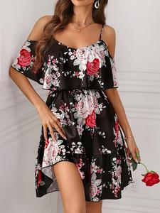 Women's Floral Print Cold Shoulder Ruffle Trim A Line Dress, Elegant Adjustable Strap Butterfly Sleeve Short Dress for Summer, Ladies Clothes for Beach Holiday