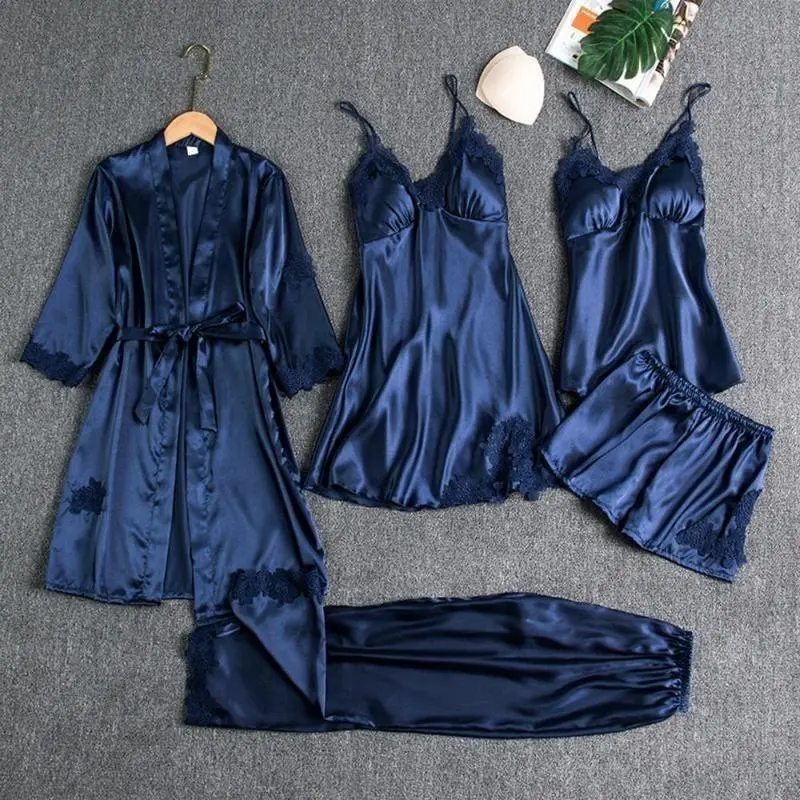 5PC Silk Robe Sleep Suit Womens Lace SatinPajamas Gown Set V-Neck Cami Nighties WearPijama Home Nightwear Spring Nightdress 4