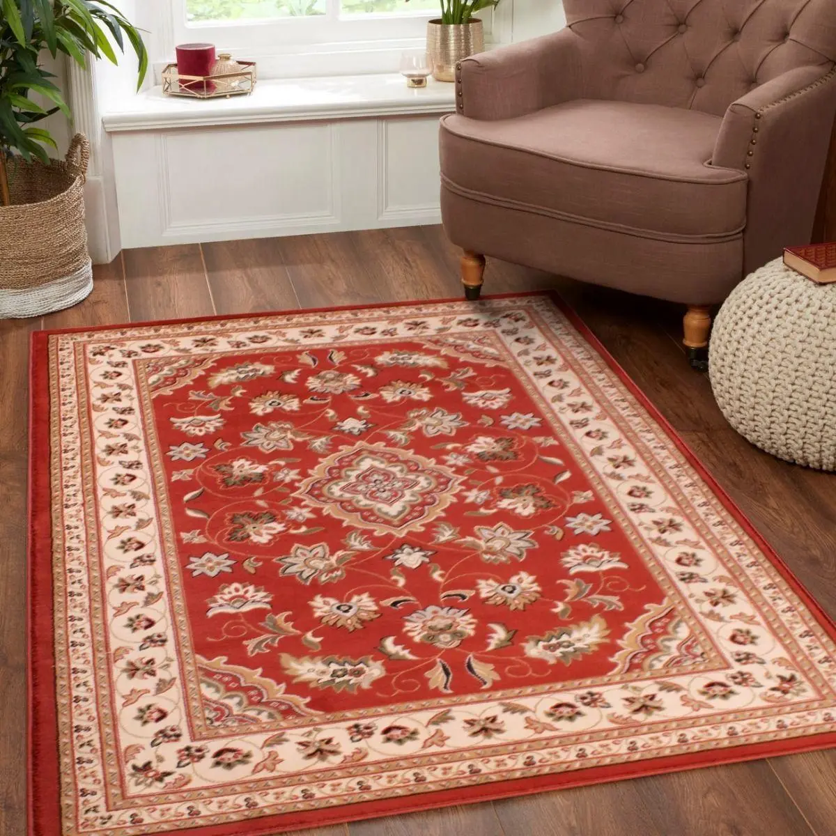 Sherborne Terracotta Traditional Floral Bordered Stain Resistant Easy to Clean Rug for Living & Dining Room- 80cm X 150cm ( 2ft. 7in. X 4ft. 11in.)