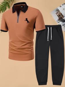 Two-Piece Set Men's Horse Print Summer Clothes Sets, Casual Regular Fit Short Sleeve Polo Shirt & Drawstring Waist Pocket Pants Set, Two-piece Outfits