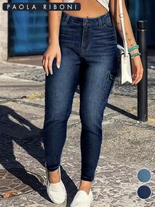 Women's Plain Flap Pocket Cargo Jeans, Casual Streetwear High Stretch Skinny Denim Pants for Daily Wear, Ladies Bottoms for All Seasons