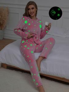 Women's Glow in The Dark Heart & Star Print Pyjama Set, Valentine's Day Casual Long Sleeve Round Neck Top & Elastic Waist Pants Lounge Set, Gift for Her, Cold Weather Gear, Pyjamas for Women