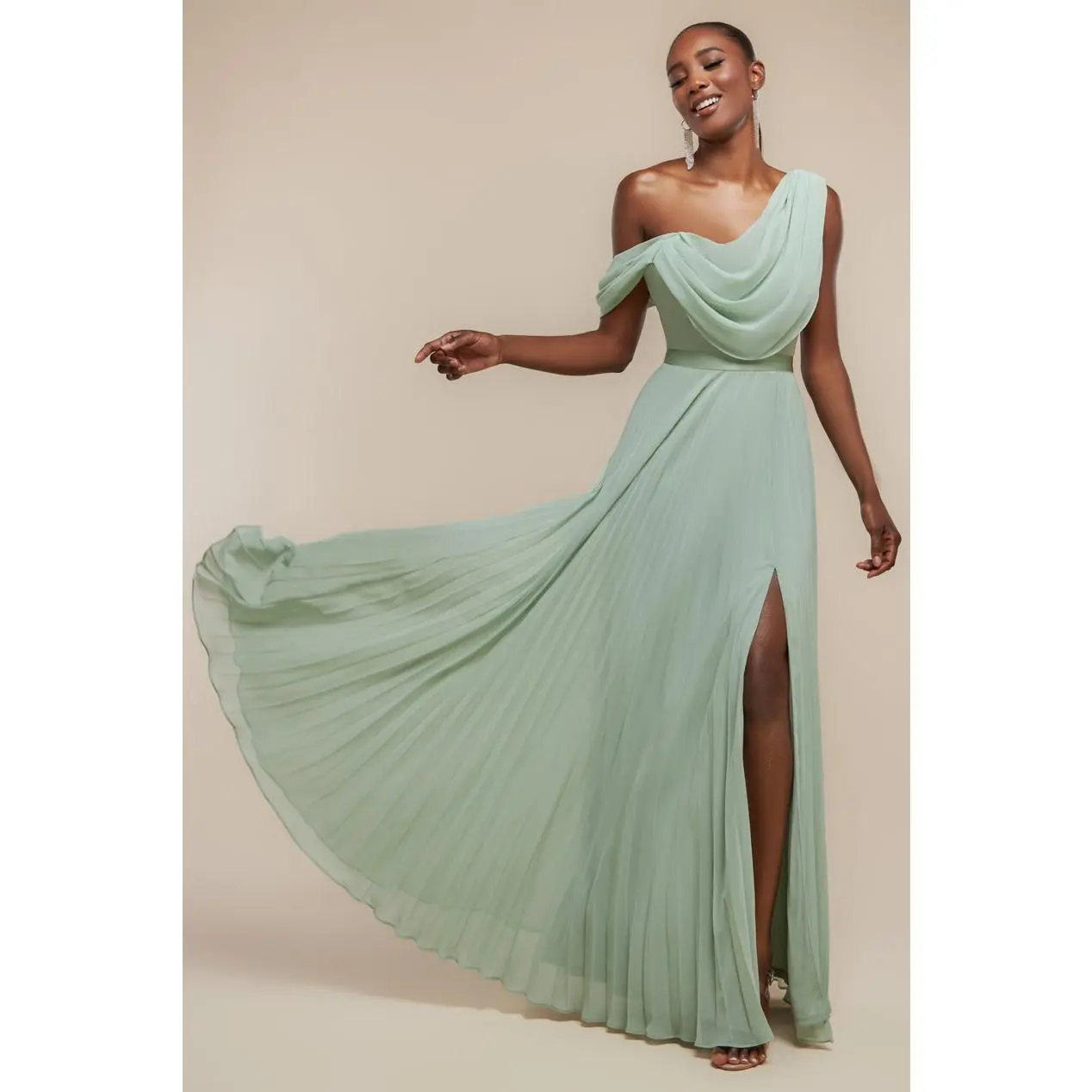 Goddiva Cowl Neck One Shoulder A Line Chiffon Maxi Dress - Sage Green