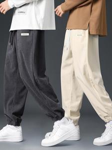 Men's Letter Patched Drawstring Waist Corduroy Pants, Casual Comfy Pocket Jogger Pants for Fall & Winter, Men's Trousers for Daily Wear