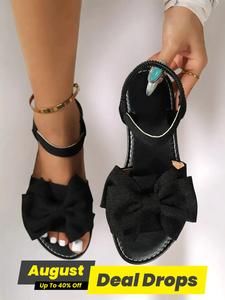 Women's Cute Bowknot Design Flat Sandals, Casual Versatile Strap Sandals for Summer Beach Vacation, Black Ladies Stylish Elegant Classic Sandals, Fashionable All-match Sandals for Daily Life, Footwear