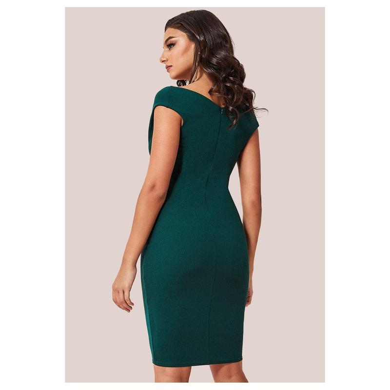 Bardot Pleated Midi Dress - Emerald Green by Goddiva 1