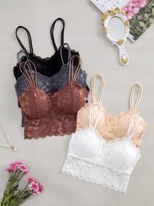 Women's Contrast Lace Scallop Trim Padded Bra, Solid Color Push Up Cami Lingerie Bra for Daily Wear, Soft Comfy Breathable Lingerie for All Seasons