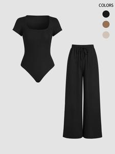 Women's Solid Short Sleeve Square Neck Bodysuit & Drawstring Waist Wide Leg Pants Set, Casual Basic Outfits, Co Ords for Women, Summer Clothes for Daily Wear, Womens Tops, Two Piece Set Women, 2 Piece Co Ord Set, Co-ord Sets for Women